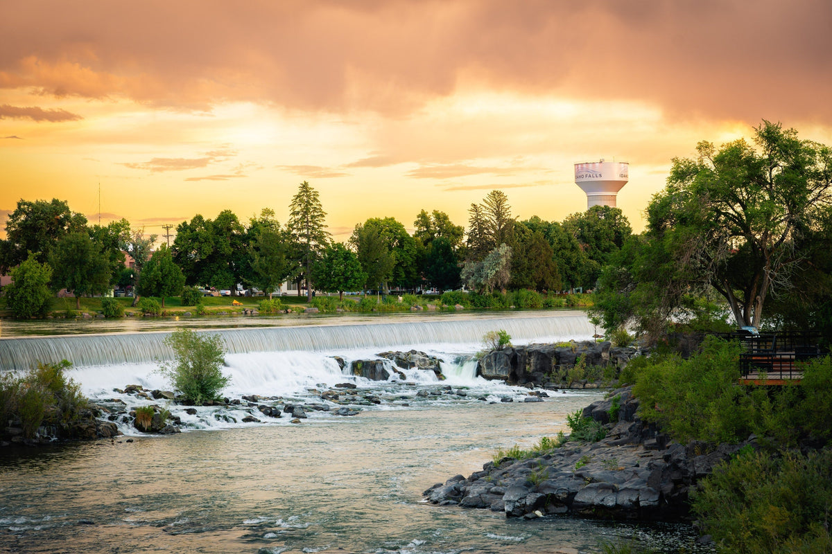 Idaho Falls River Walk and waterfalls along the Snake River at sunset