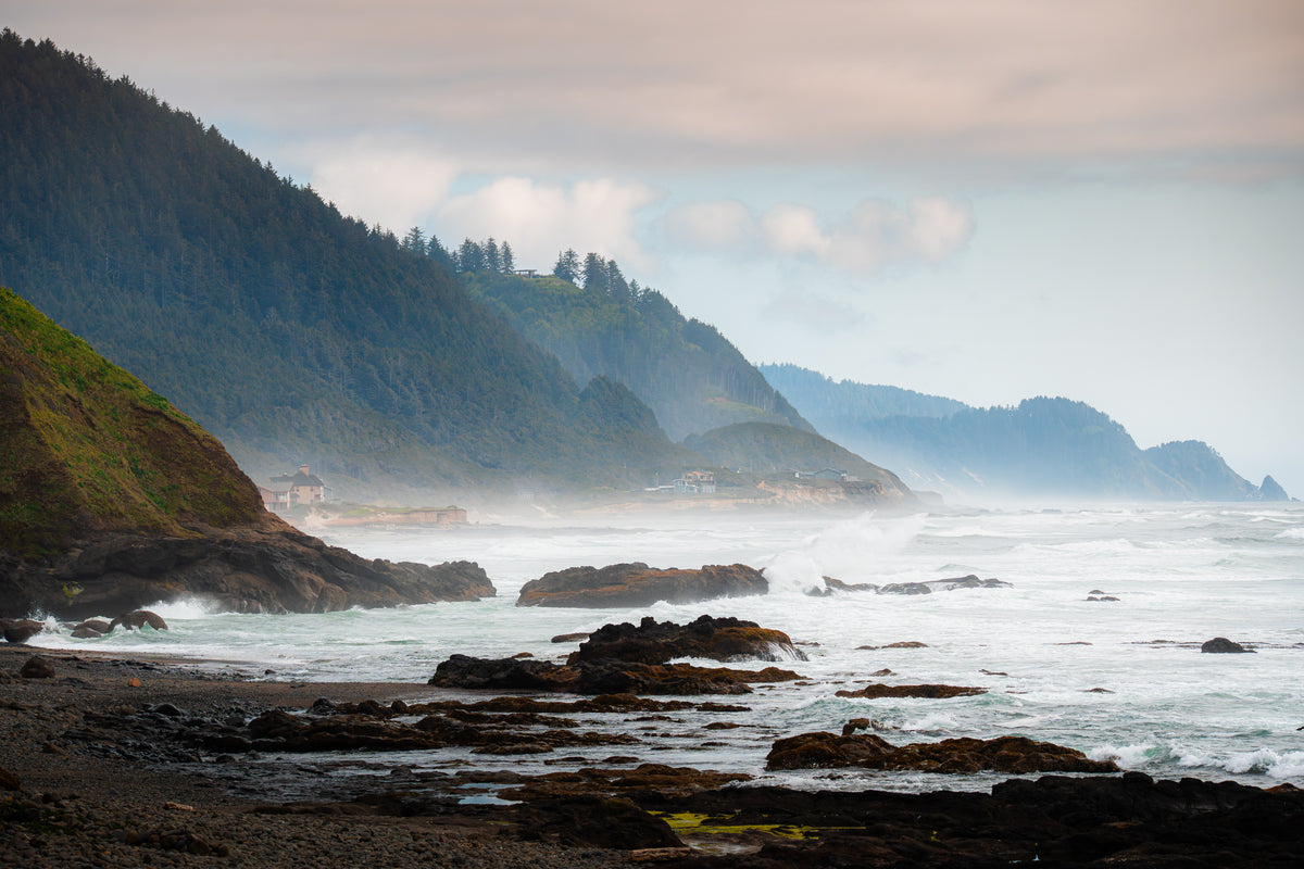 Misty Oregon coastline photographed for Allegiant Airlines